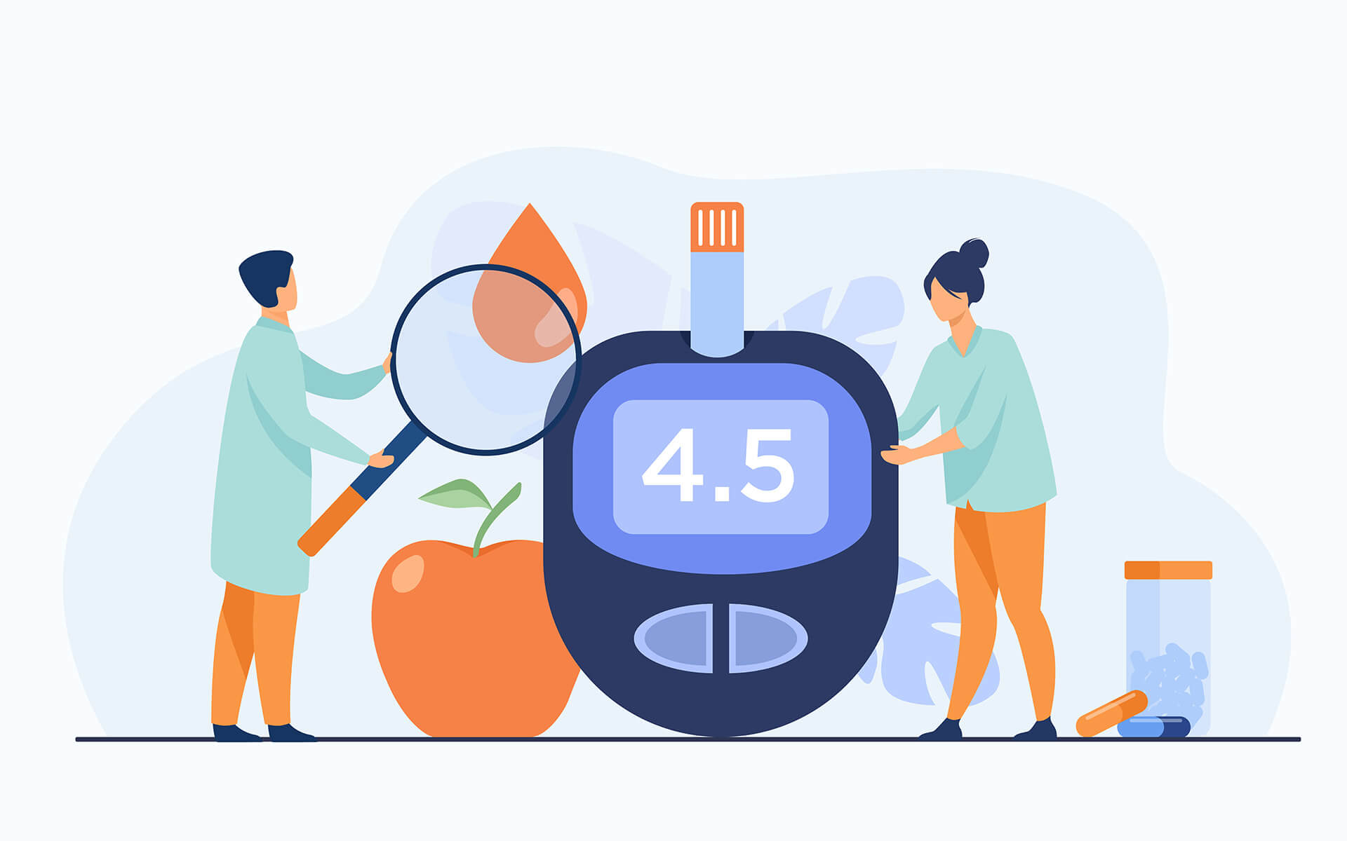 Illustration of medical professionals using glucose meter for diabetes diagnosis