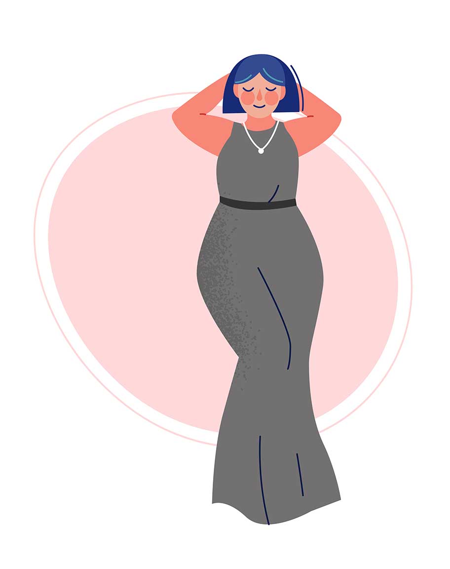 Pretty Body Positive Woman in Stylish Outfit Standing Vector Set